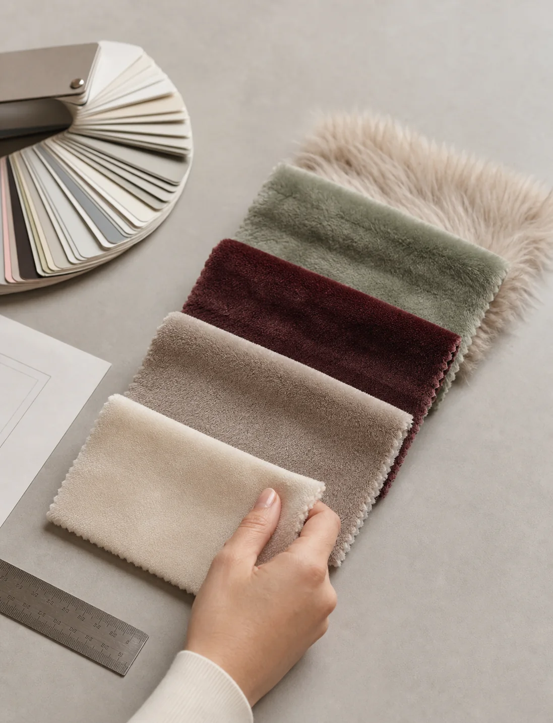 Plush fabric reference swatches being reviewed