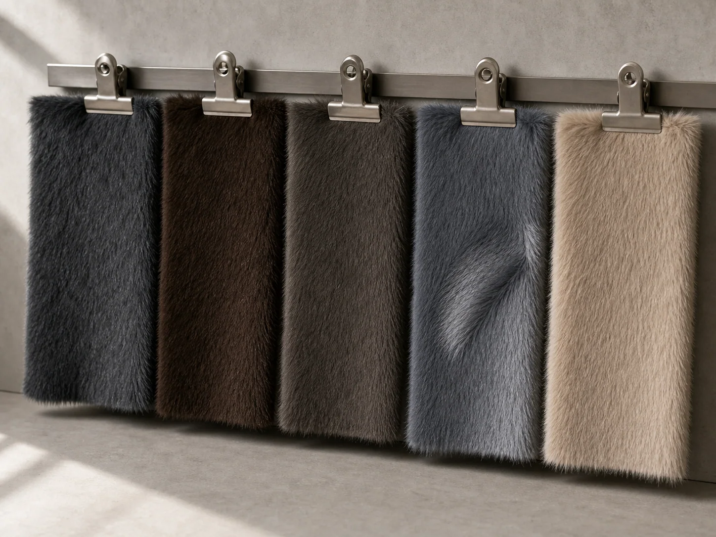 Long-pile Faux Mink swatches hanging for material review