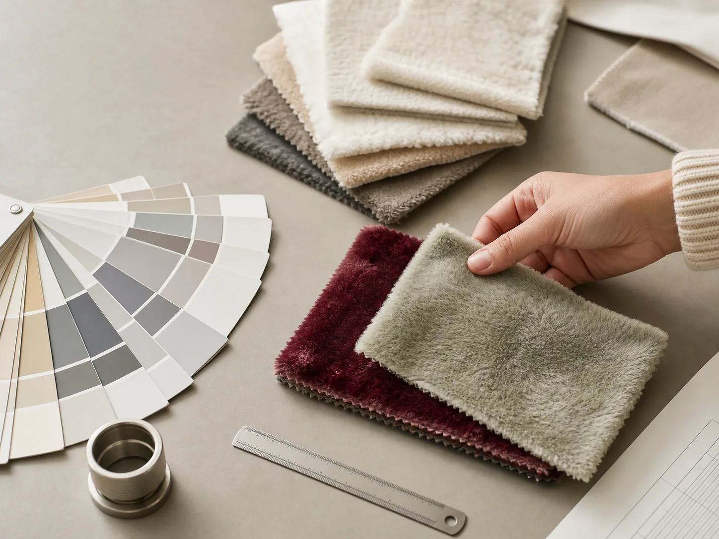Physical plush fabric swatches being reviewed on a work table